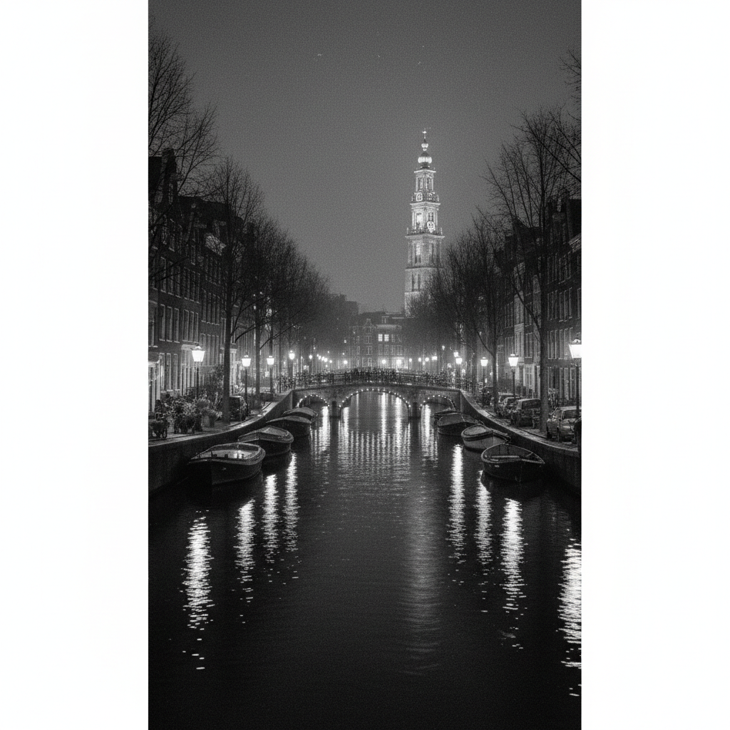 Old dutch newspaper headline style, vintage 1980s texture, grainy black and white photo of amsterdam canal at night