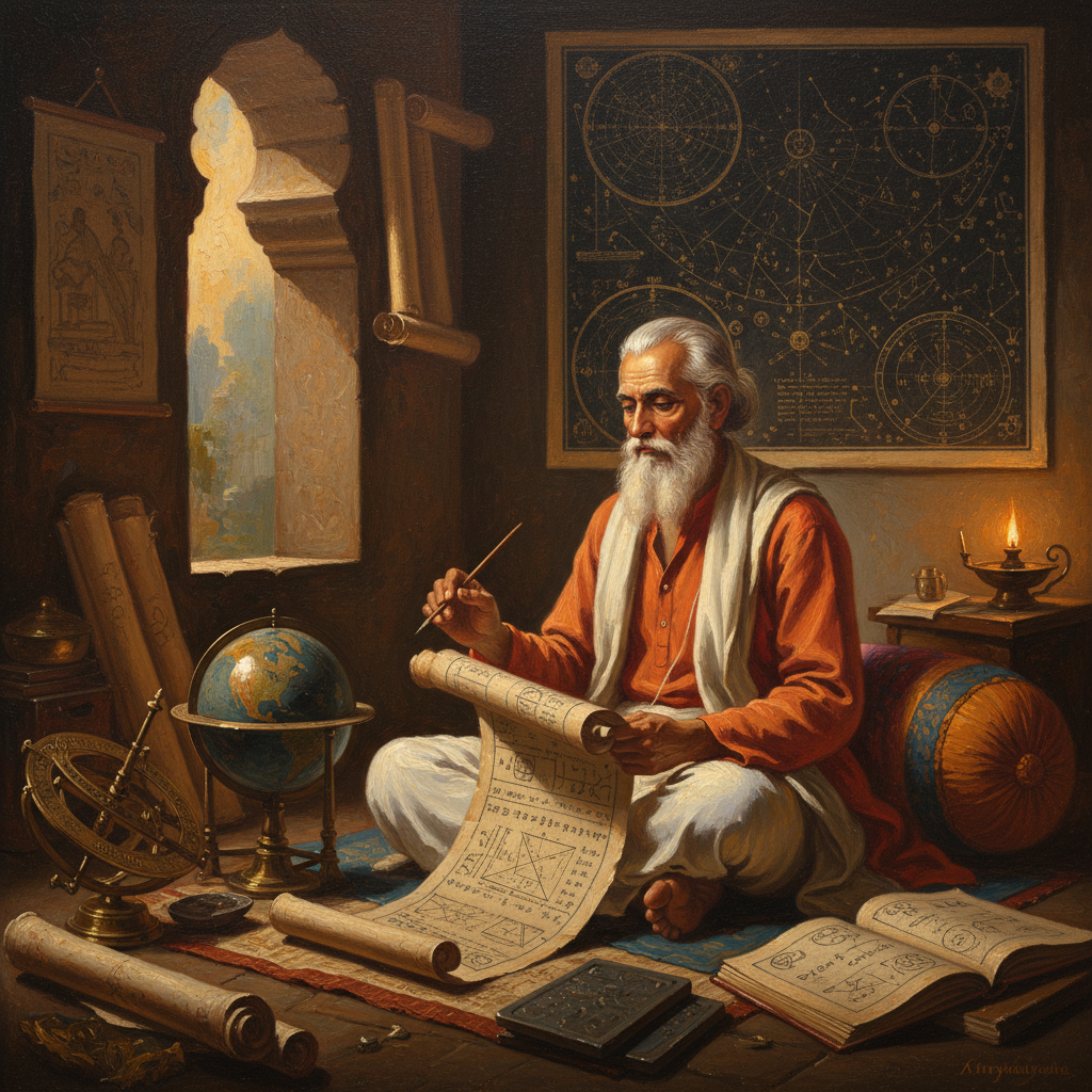 Portrait painting of ancient Indian mathematician Aryabhata working on scrolls with ancient star maps in the background, warm historical lighting, highly detailed