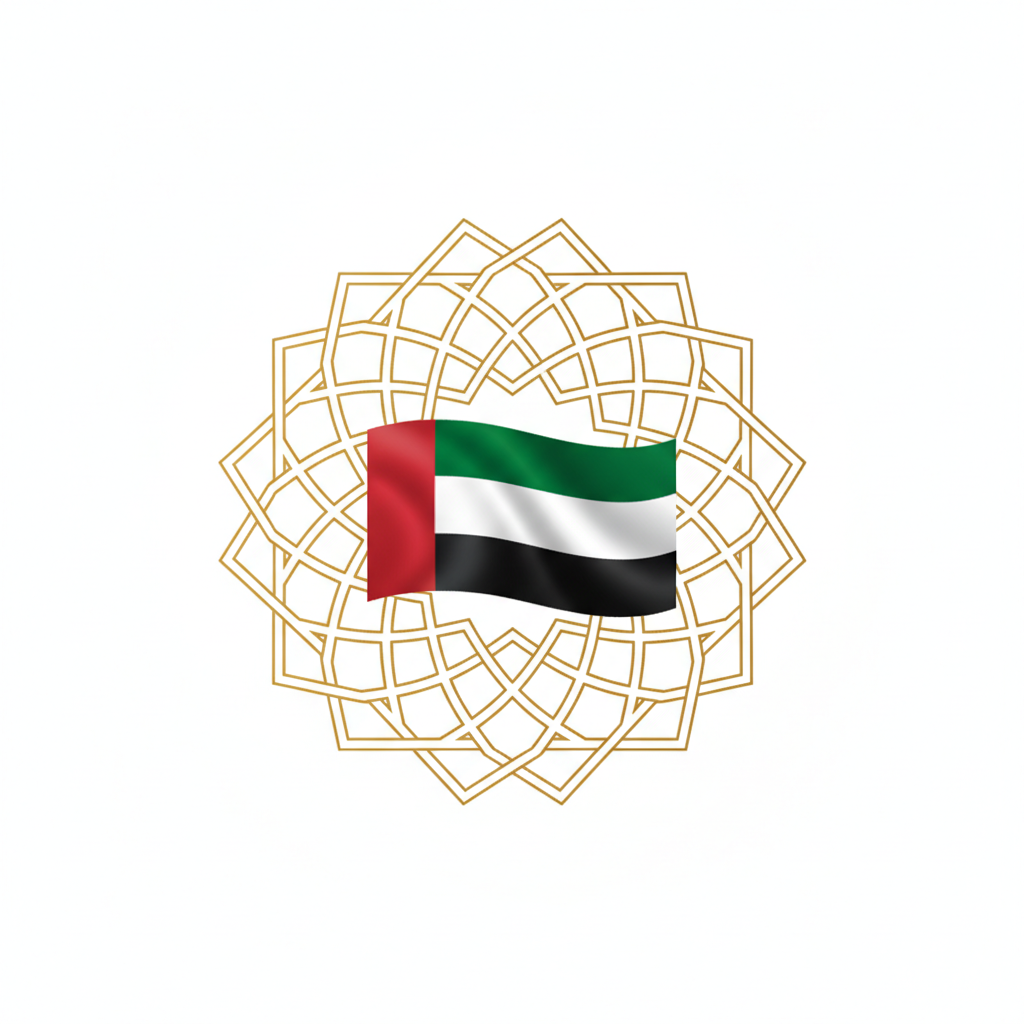 Islamic geometric pattern frame with UAE flag colors waving in the center, dignified and respectful style, gold accents, white background, high quality illustration