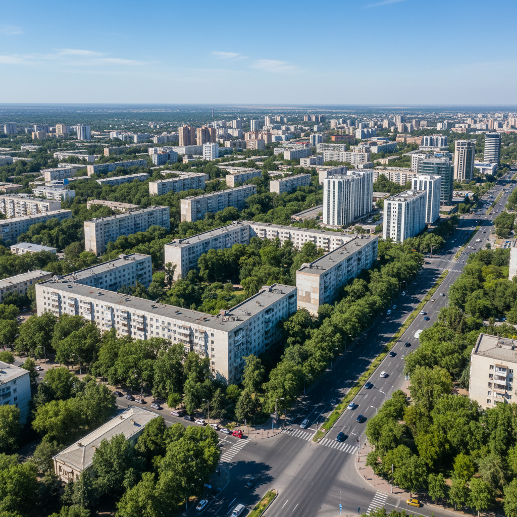 Wide aerial shot of Chilonzor district in Tashkent city, Uzbekistan. Modern and Soviet-style apartment buildings among green trees, wide roads, sunny bright day, cinematic lighting, 8k resolution