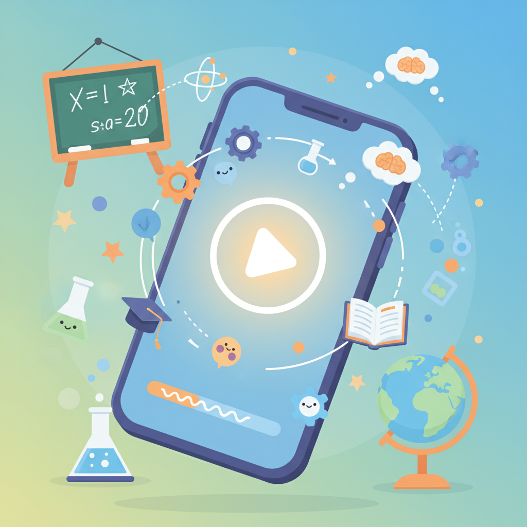 Illustration of a smartphone recording a video with a play button on screen, fun educational style