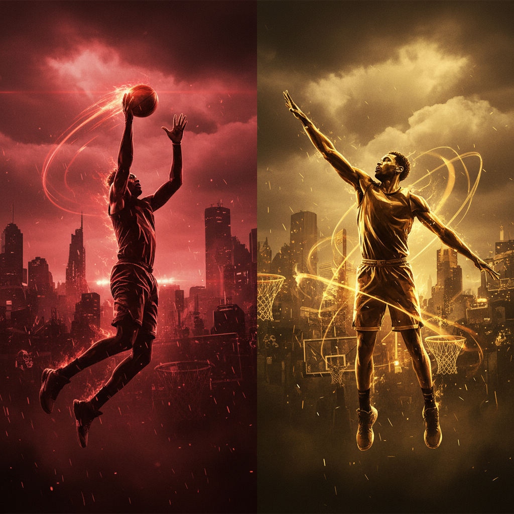 Split screen cinematic basketball art, left side red themed player silhouette taking last shot, right side gold themed player silhouette, moody lighting