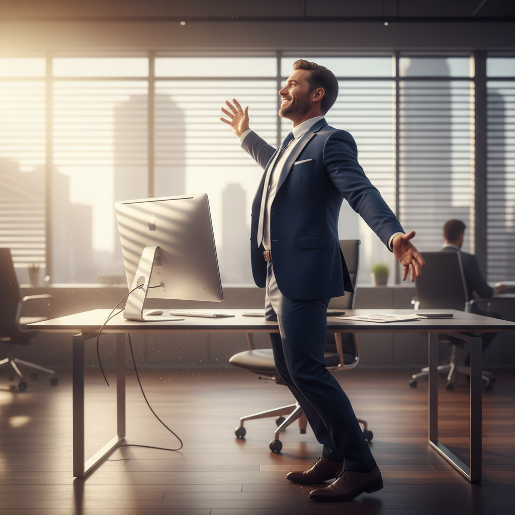Side profile of a man standing up from his office desk in a powerful motion, sunlight streaming through office blinds, looking energetic.