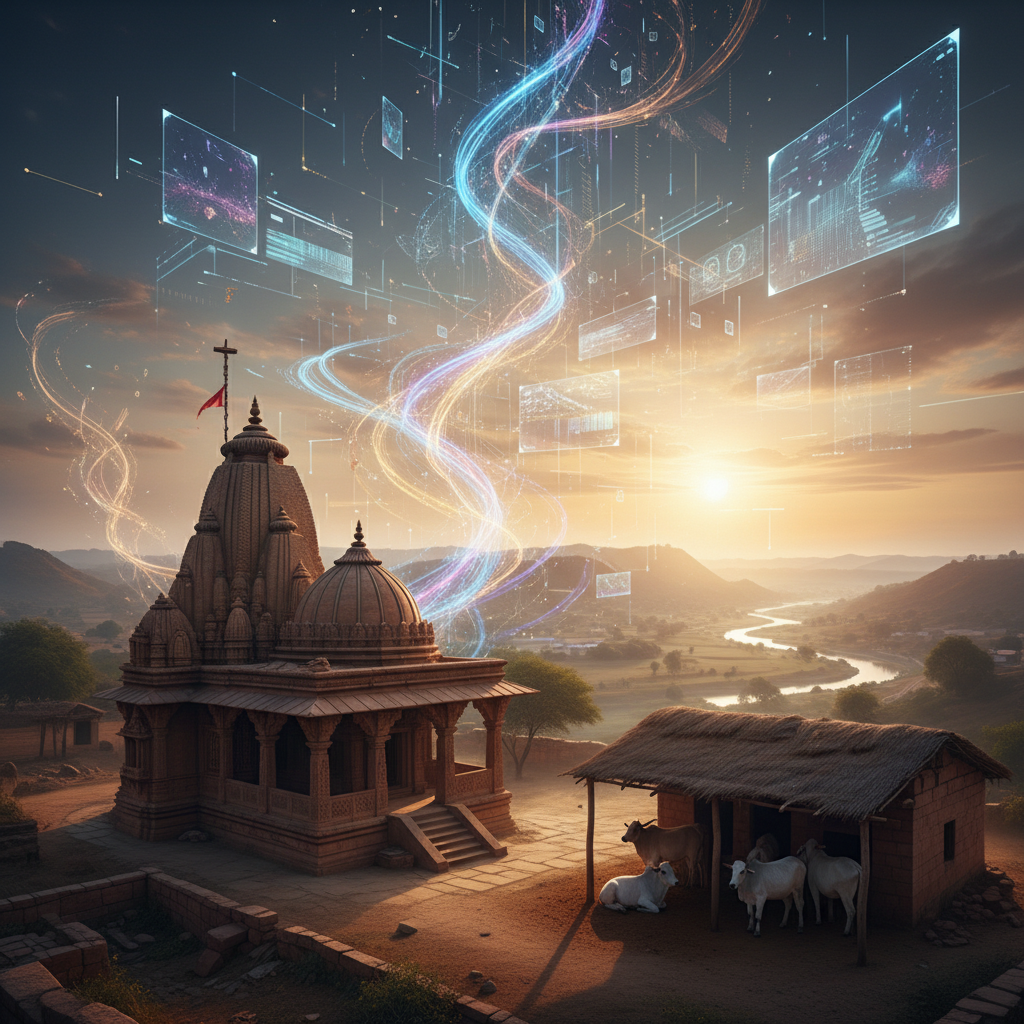 A serene landscape of an Indian village temple and gaushala blending with futuristic digital light lines, symbolizing tradition meeting technology, soft sunrise lighting