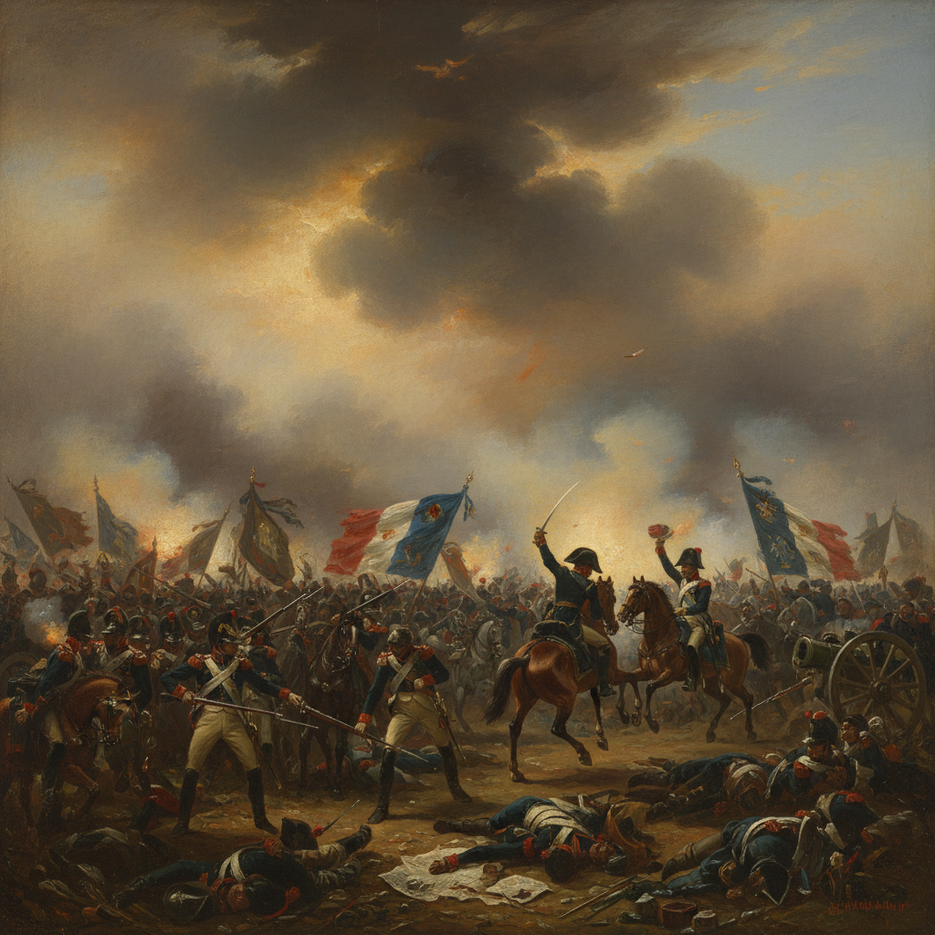 Historical battle scene oil painting, Napoleonic wars, dramatic smoke, flags, chaos, romanticism style, dark and golden lighting