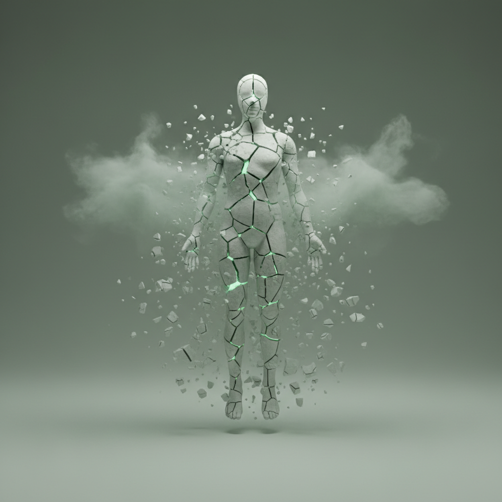 Abstract 3D art of a human silhouette made of cracked white stone crumbling away into pieces, symbolizing lifelessness and disintegration, pale green and grey lighting, cinematic.