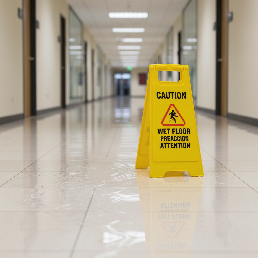 yellow wet floor caution sign on a shiny tiled floor in a corridor, realistic