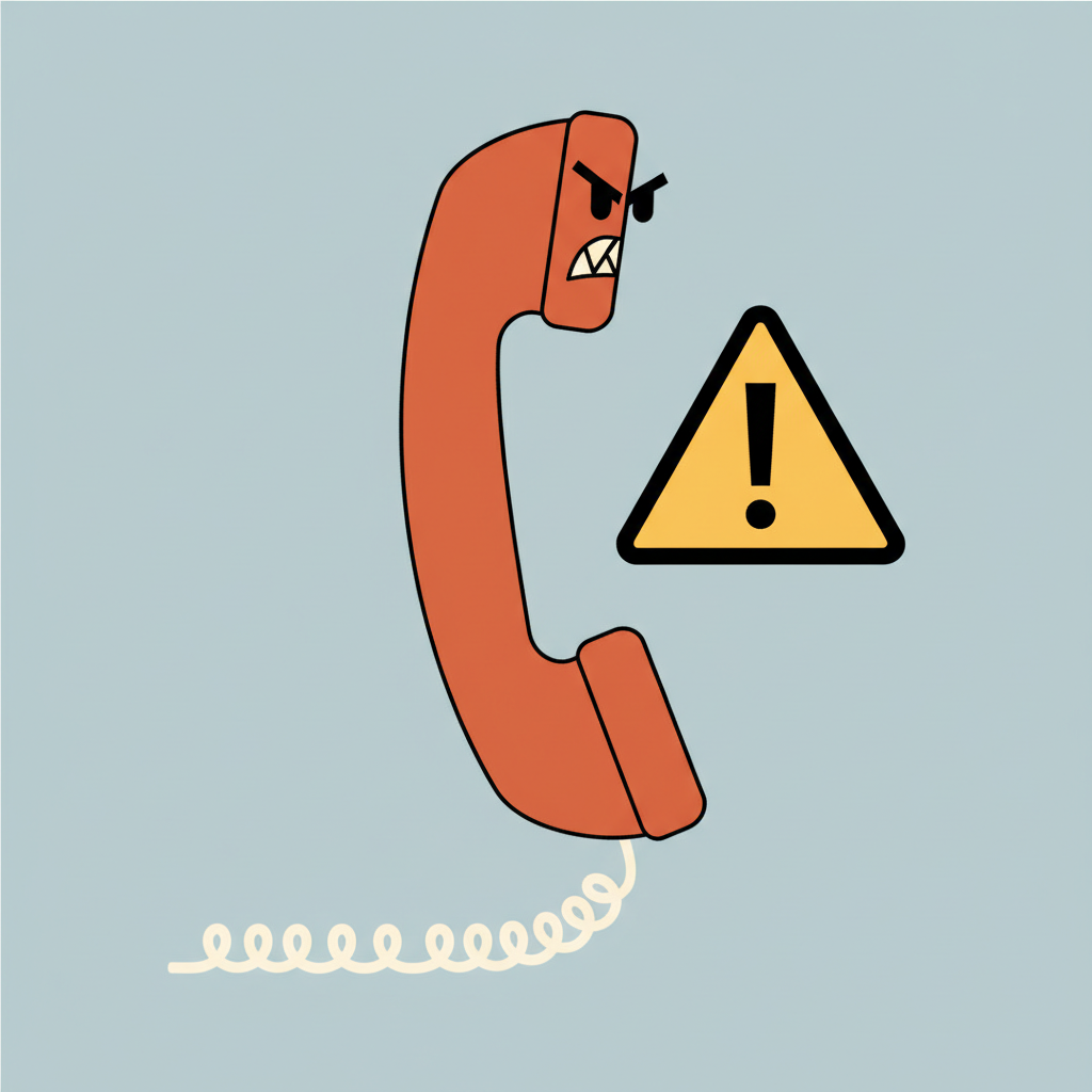 Retro telephone handset with an angry face or warning symbol, vector illustration, minimal style