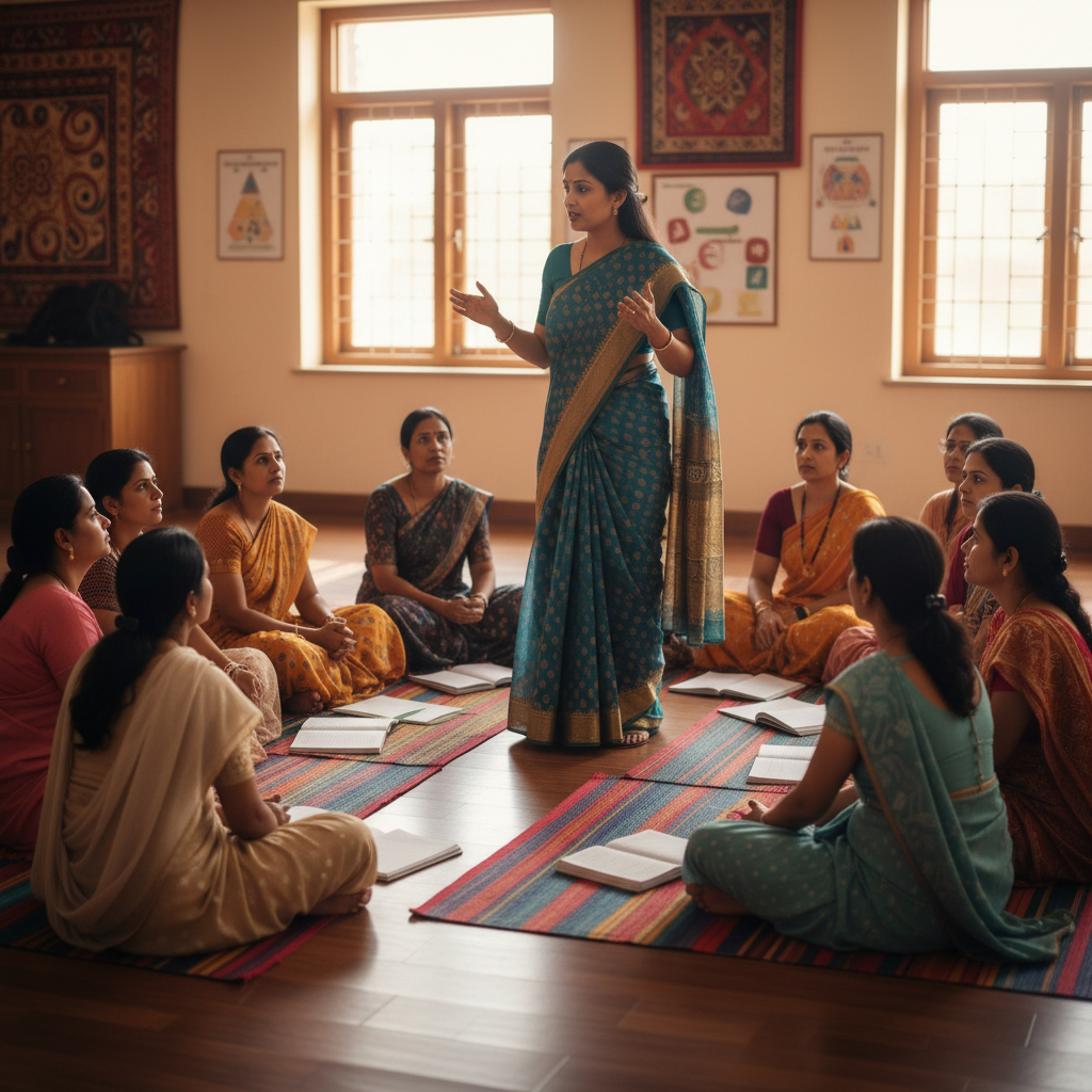 A group of Indian women sitting in a circle in a community hall having a discussion, one woman standing and speaking, educational setting, empowering atmosphere
