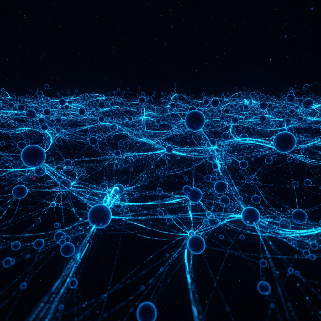 Abstract representation of a digital neural network with glowing nodes and data streams against a dark background, high tech style, 8k resolution, deep blue and neon cyan lighting