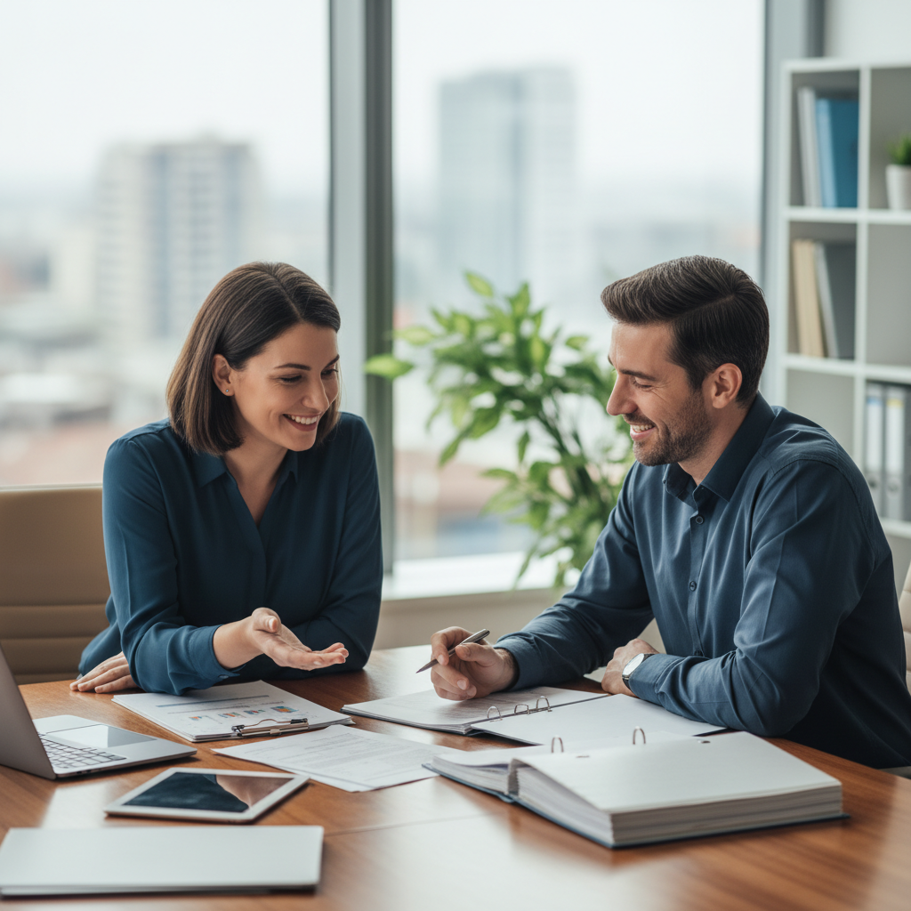 Two adults sitting at a table discussing documents calmly, one gesturing supportively, positive body language, office setting, soft focus