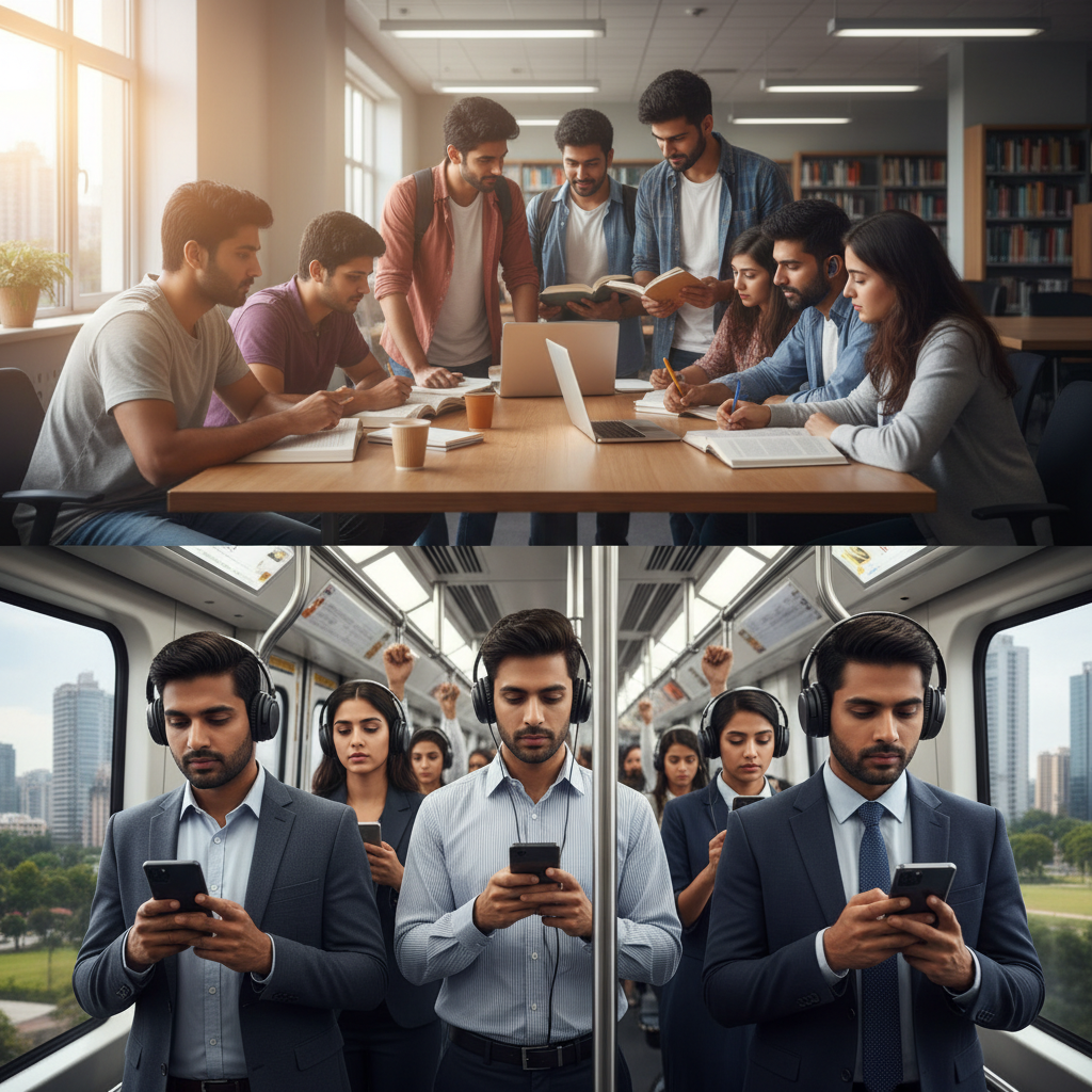 Montage of indian college students studying and professionals on a metro train wearing headphones, photorealistic, bright lighting