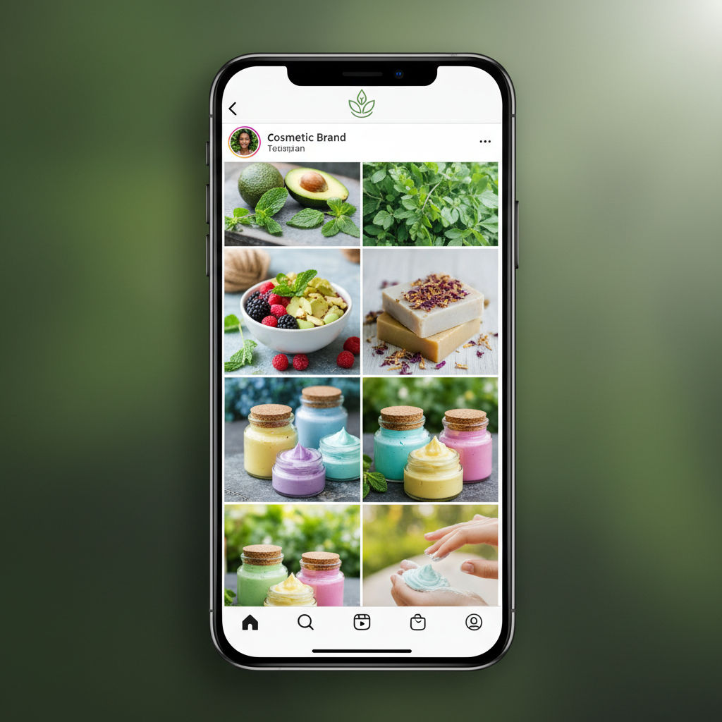 Smartphone screen showing a colorful Instagram feed for a eco-friendly cosmetic brand, bright visuals, social media interface.