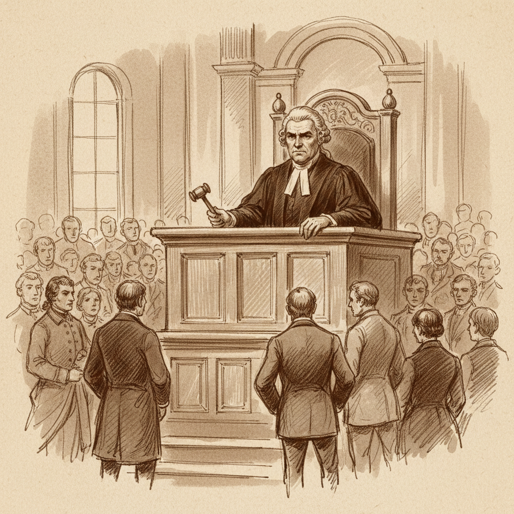 19th-century courtroom sketch, judge sitting at high bench, blurred figures in background, sepia style illustration
