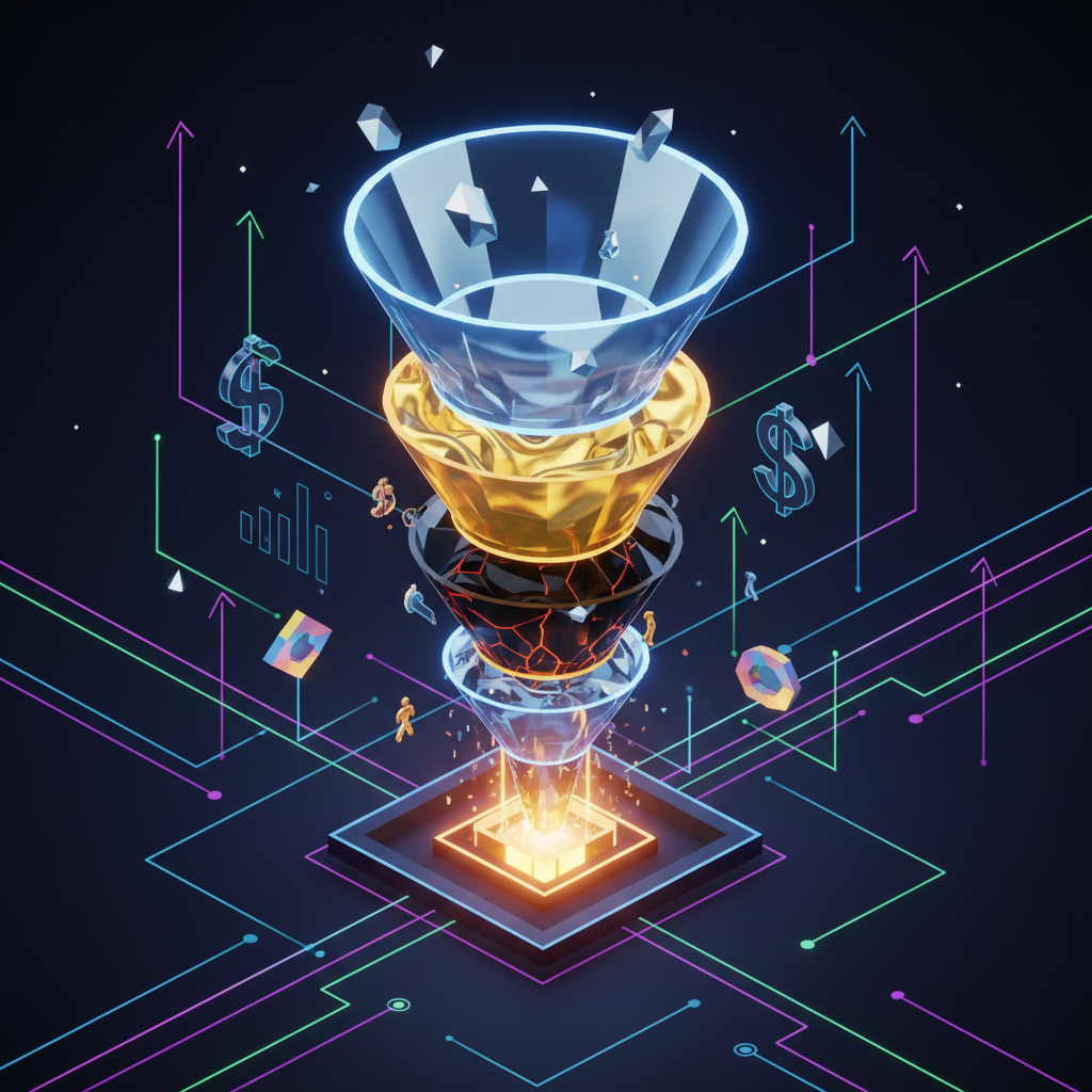3D isometric illustration of a strategic roadmap or funnel with shiny distinct stages, dark background with neon accents, business growth metaphor