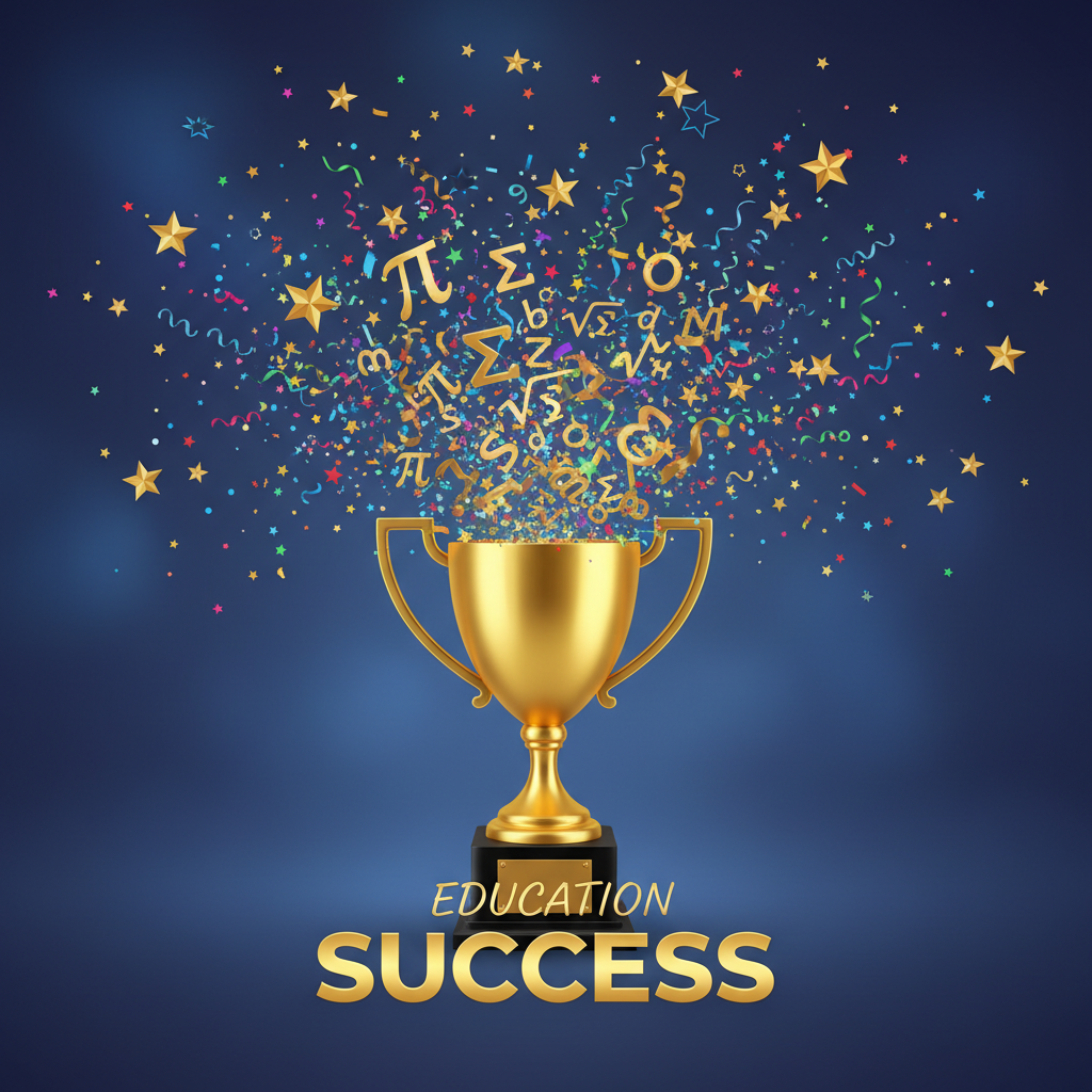 golden trophy cup with math symbols stars confetti celebration education success