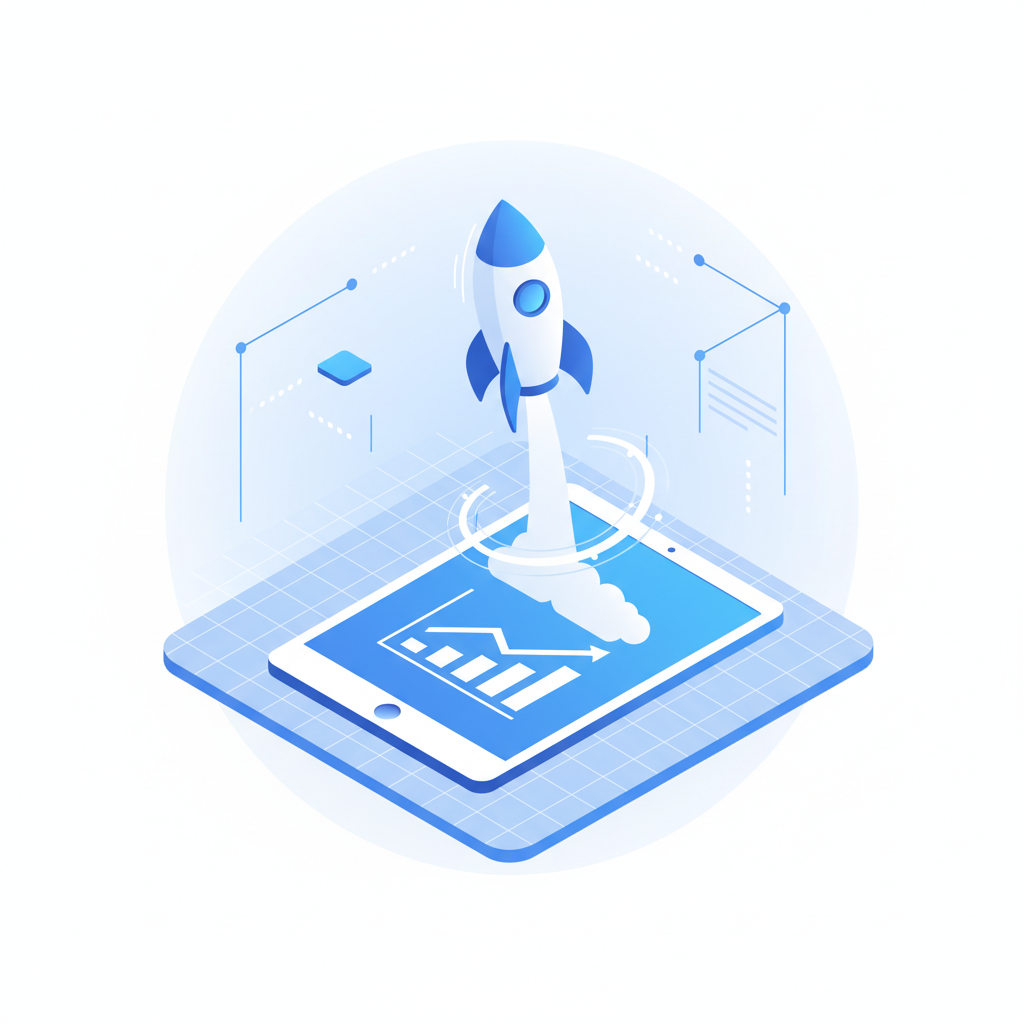Isometric illustration of a growth rocket launching from a tablet showing graphs, clean minimal vector style, blue and white