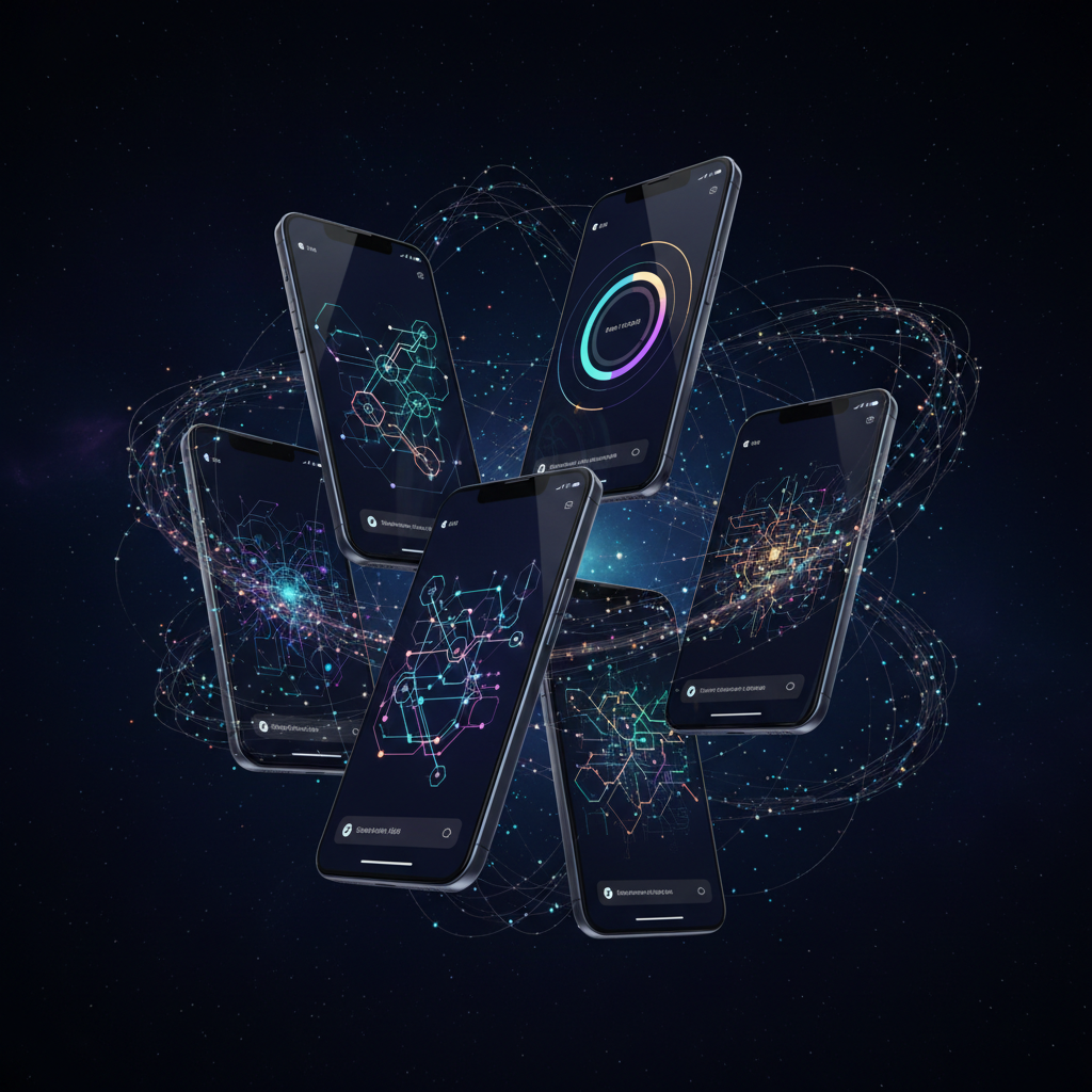 smartphones displaying sleek mobile app interfaces, floating in dark space, tech particles, premium design