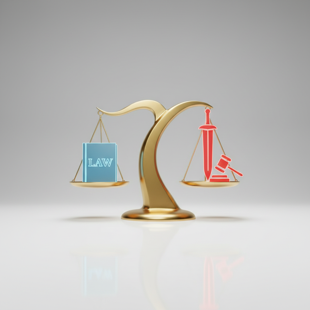 3D render of a golden balance scale representing justice and law on a clean white surface, corporate style, high detail