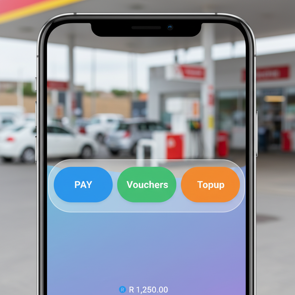 Close up of a modern smartphone screen displaying a fintech app usage interface with only three large clear buttons labeled 'PAY', 'Vouchers', and 'Topup'. The balance shows 'R 1,250.00'. Background is a blurred South African petrol station. Photorealistic, high quality.