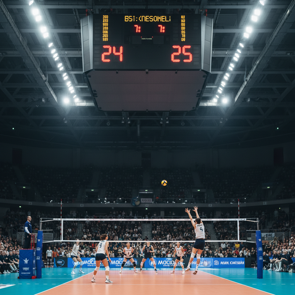 Volleyball scoreboard displaying score 24-25, intense moment, indoor stadium background, high detail