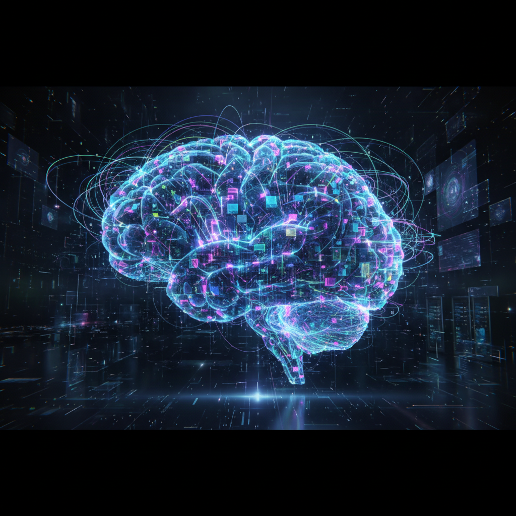 brain represented as digital network nodes, artificial intelligence database concept, glowing neural pathways, dark futuristic background