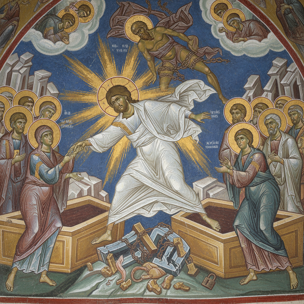 Interior fresco of the Chora Church, Anastasis (Harrowing of Hell), dynamic figures of Christ pulling Adam and Eve, rich blues and whites, dramatic composition