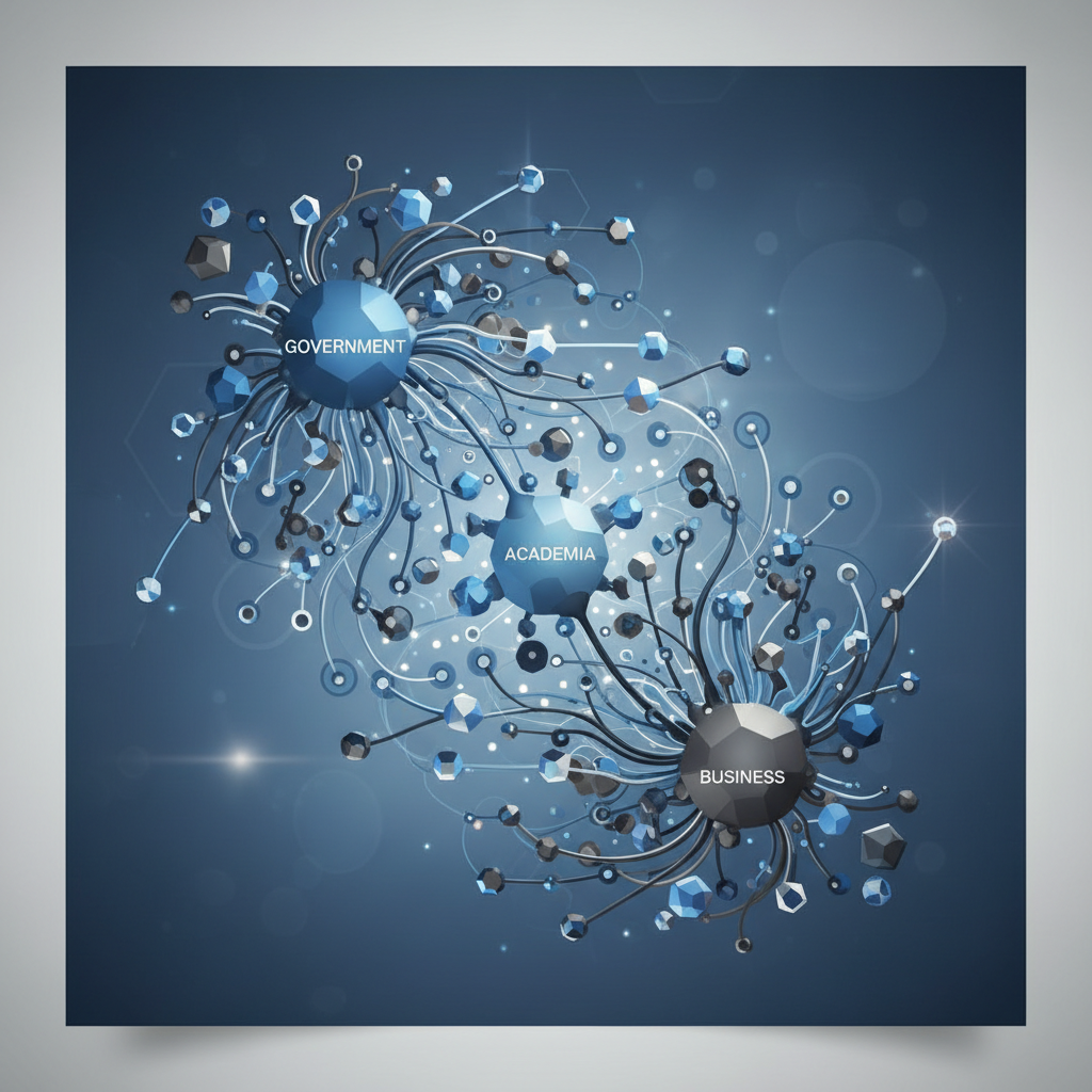 Abstract network visualization showing connected nodes of government, business, and academia, corporate blue and grey tones, professional style