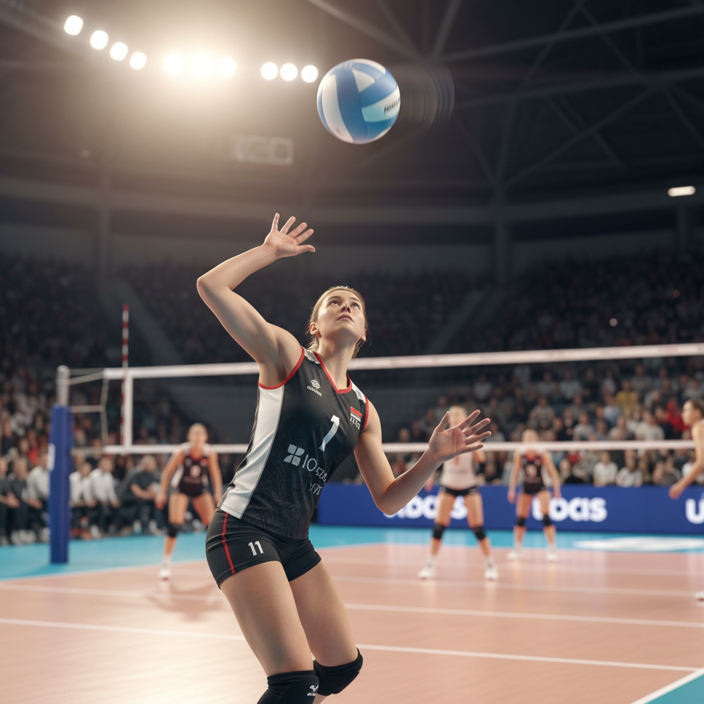Volleyball player serving the ball, freeze frame motion, bright stadium, focus on the ball toss, photorealistic