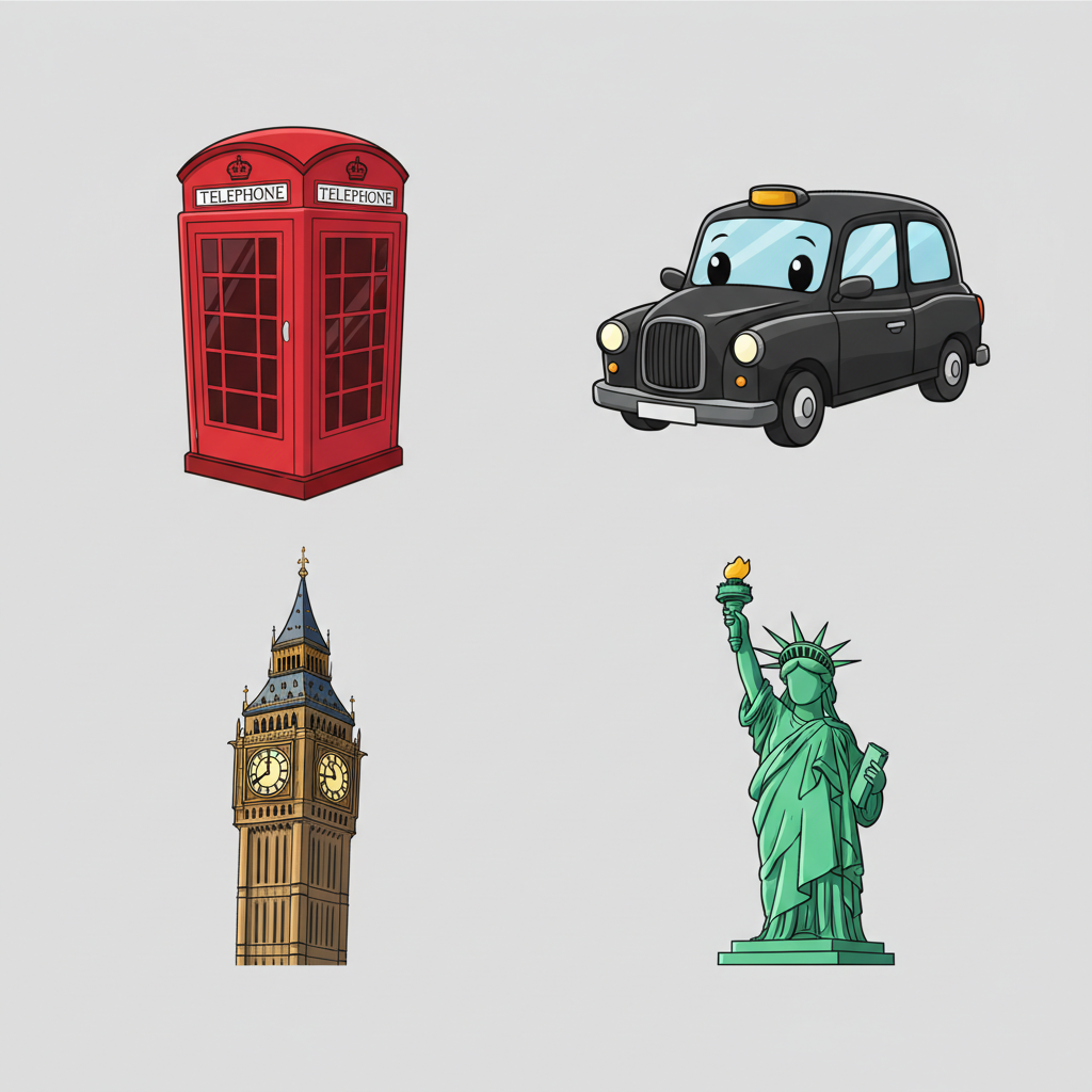 Collage of four cartoon items on a plain background arranged in a grid: a red British telephone booth, a black London taxi cab, The Big Ben clock tower, and the Statue of Liberty.