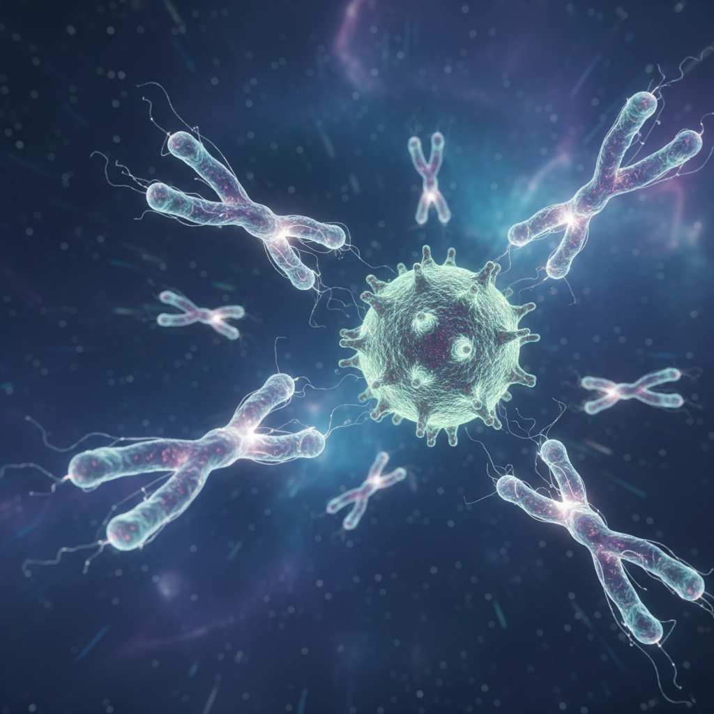 Abstract 3D visualization of Y-shaped antibody proteins floating in space, glowing slightly, binding to a viral surface, science visualization