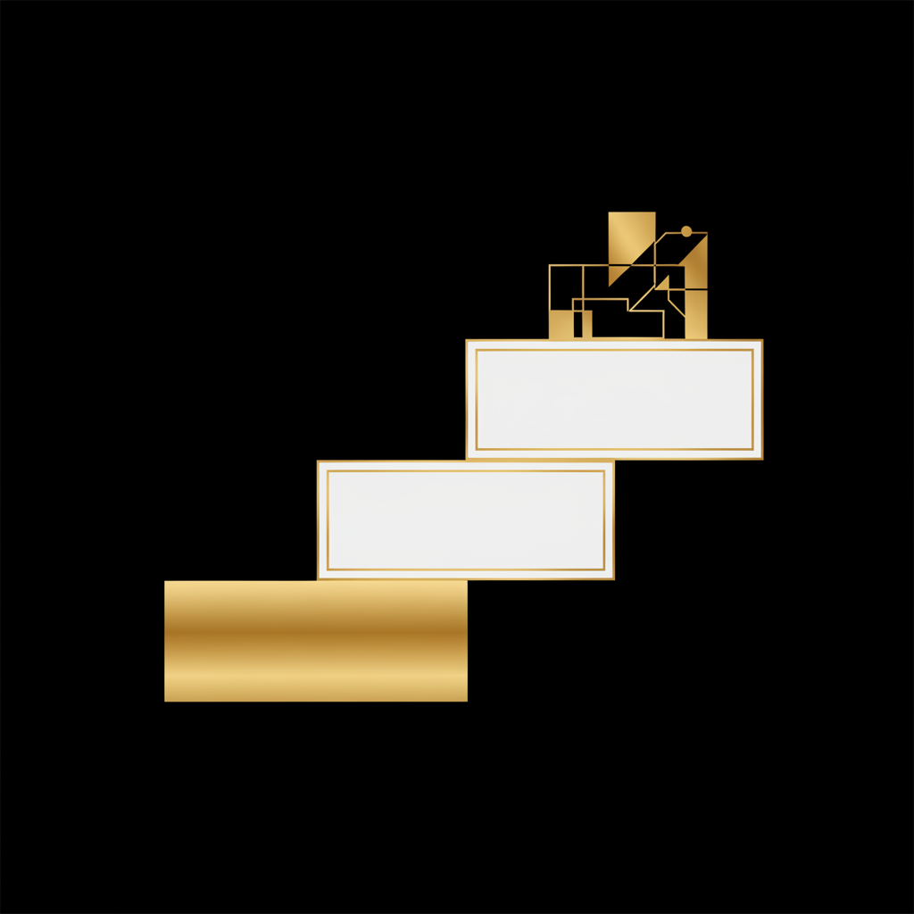 Minimalist graphic showing three steps rising like stairs: structure, form, details. gold and white on black.