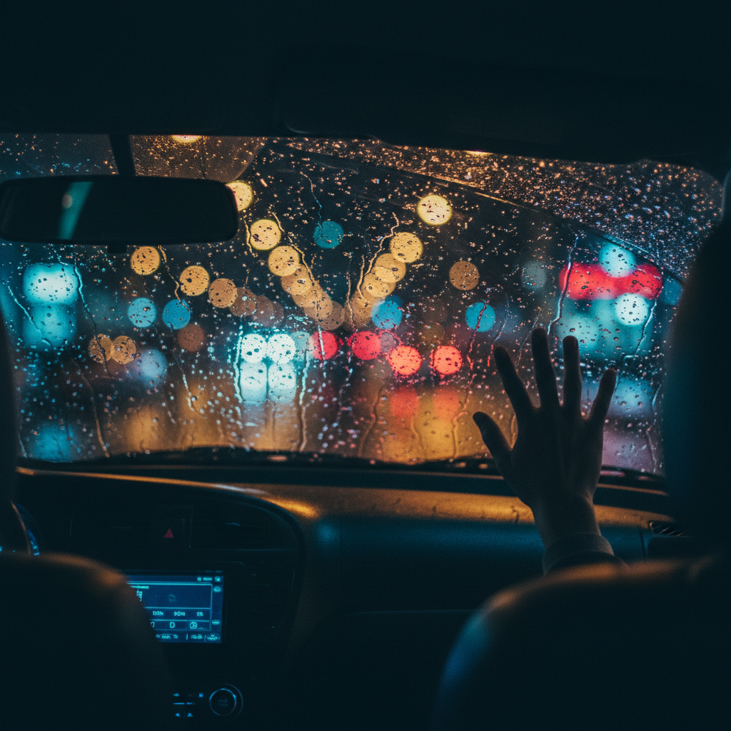 view from inside a car back seat looking at rain on window at night, city lights bokeh, moody, lonely cinematic shot