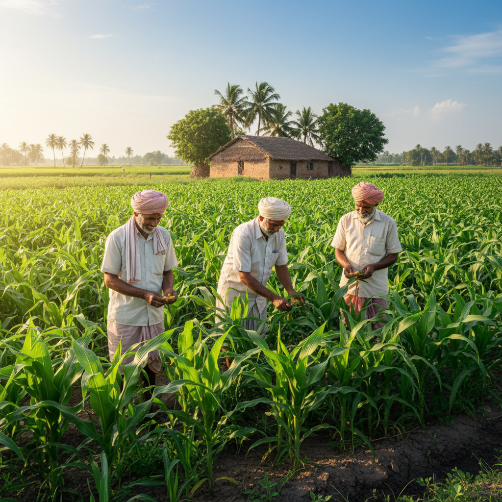 Indian farmers standing in a lush green organic farm field inspecting crops, bright sunlight, rural setting, detailed and realistic