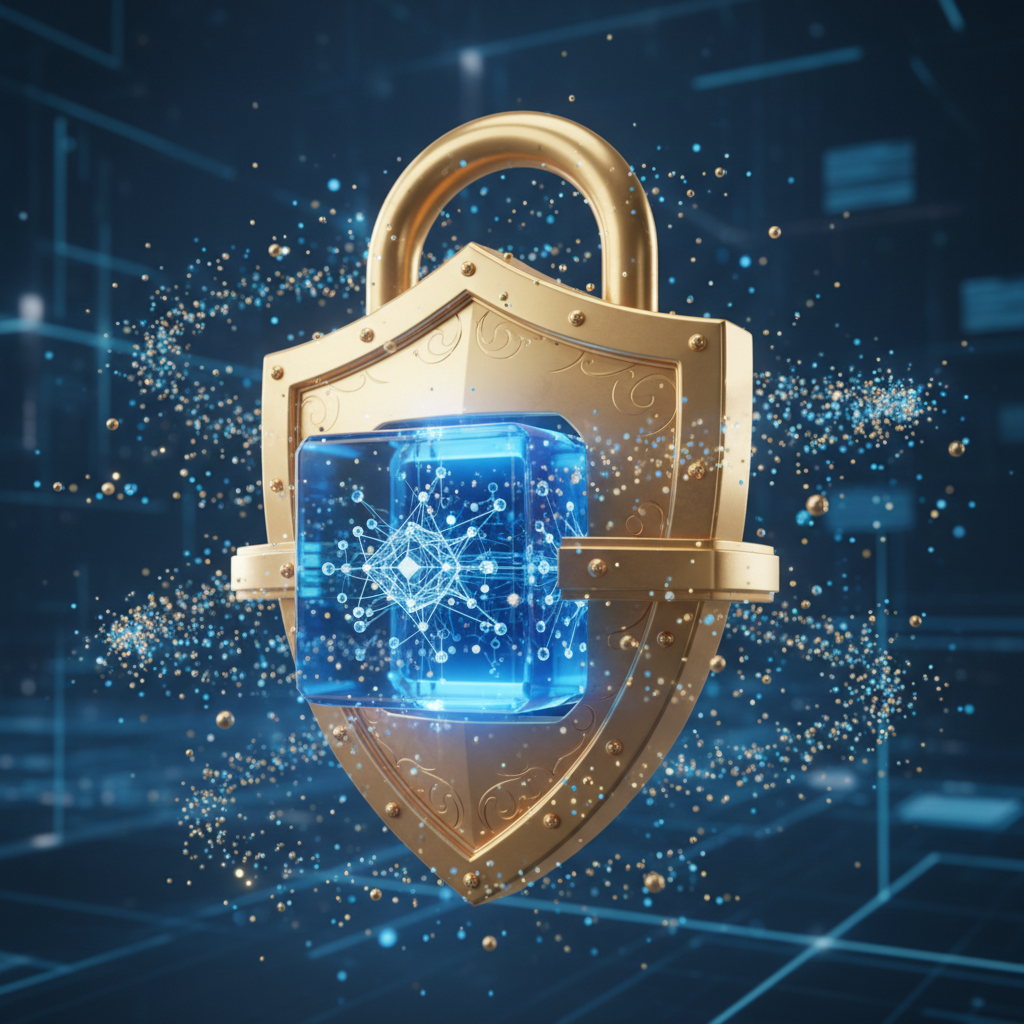 3D render of a golden shield lock protecting a glowing blue database cube, sparkles, high quality, security concept