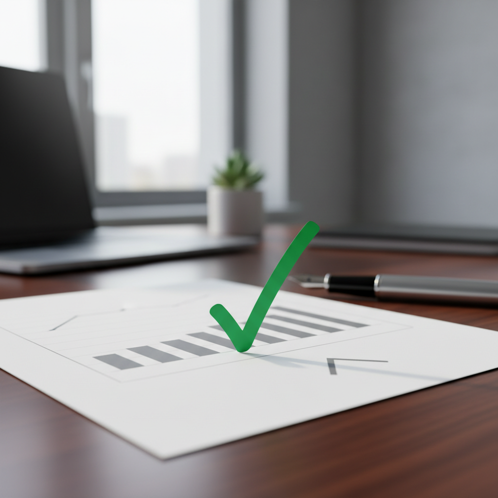 Checkmark on a document, symbolic of completion and success, professional office desk background