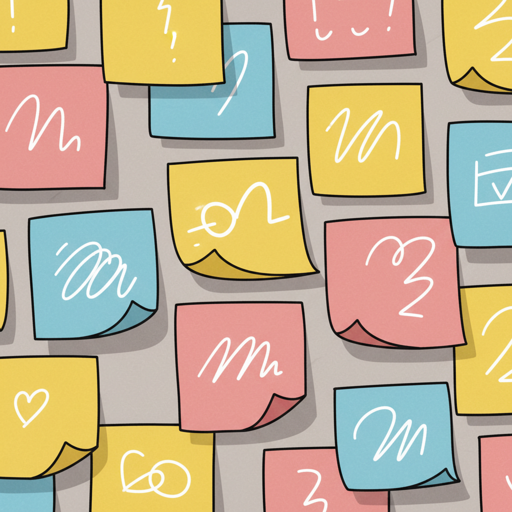 A wall with colorful sticky notes (yellow, pink, blue), cartoon style close up