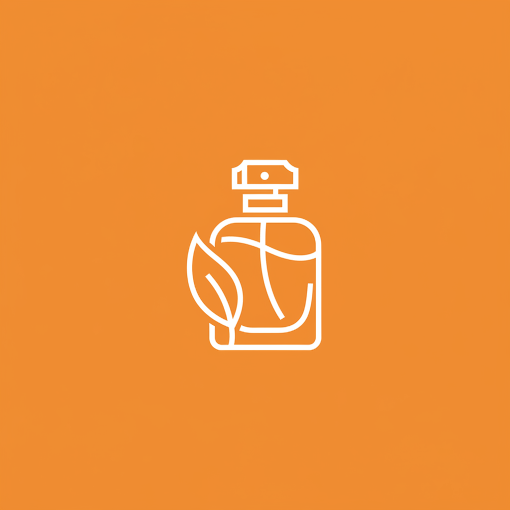 Minimalist vector logo of a perfume bottle with a leaf, white lines on orange background, flat design, modern