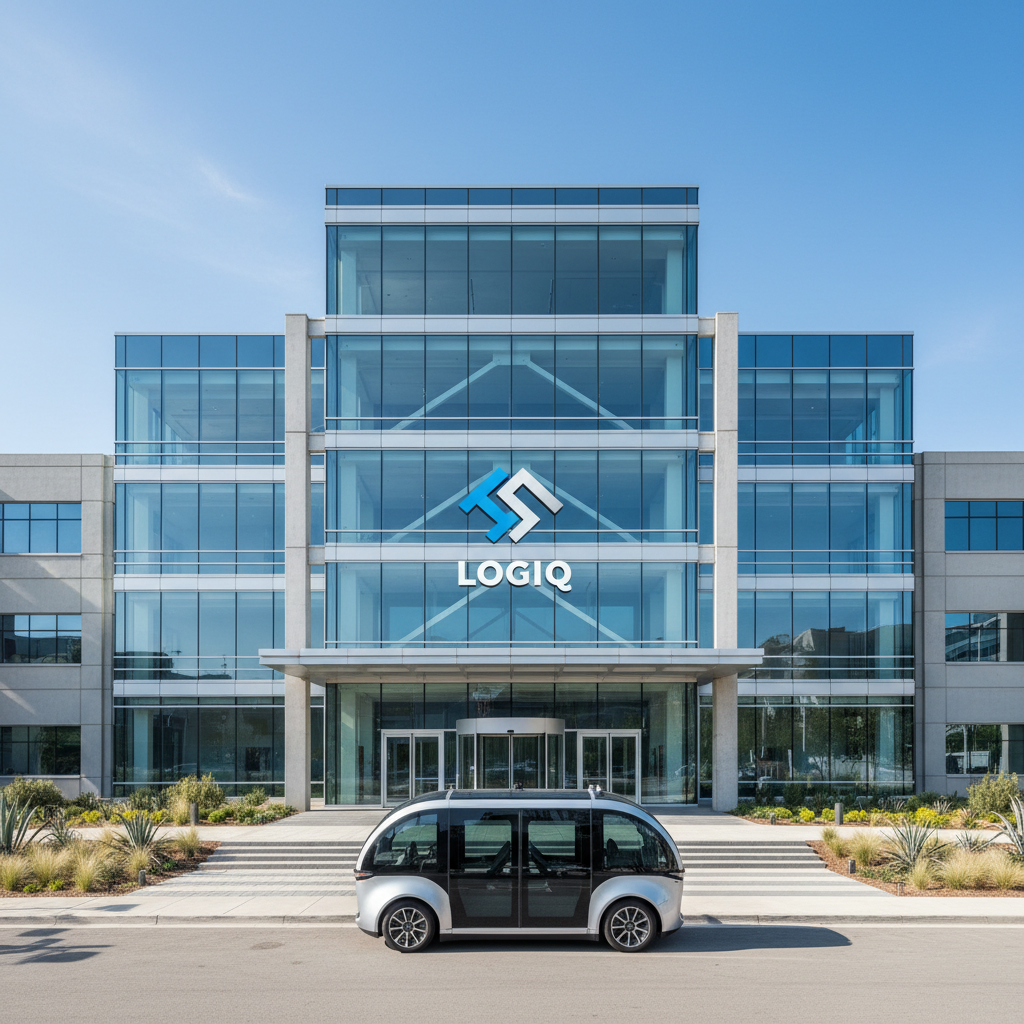 Modern industrial factory entrance, clean glass facade with LOGIQ signage mockup