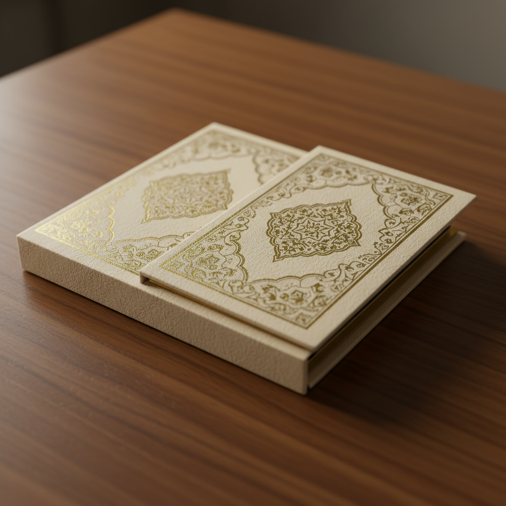Close up of an elegantly designed small Quran and a prayer booklet wrapped in premium textured paper with gold foil stamping, resting on a wooden table, warm ambient lighting, gift presentation