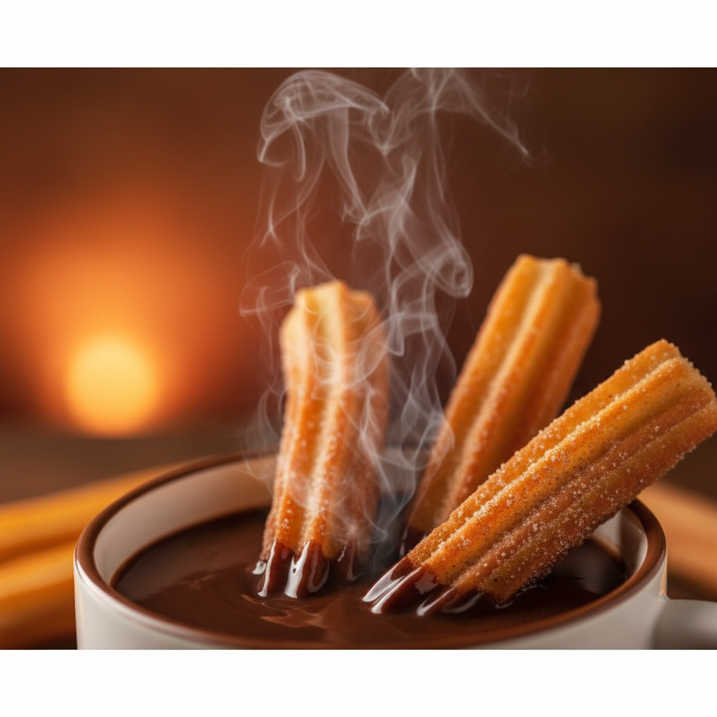 Close up shot of crispy churros dipped in thick hot chocolate, warm tones, appetizing, steam rising, shallow depth of field