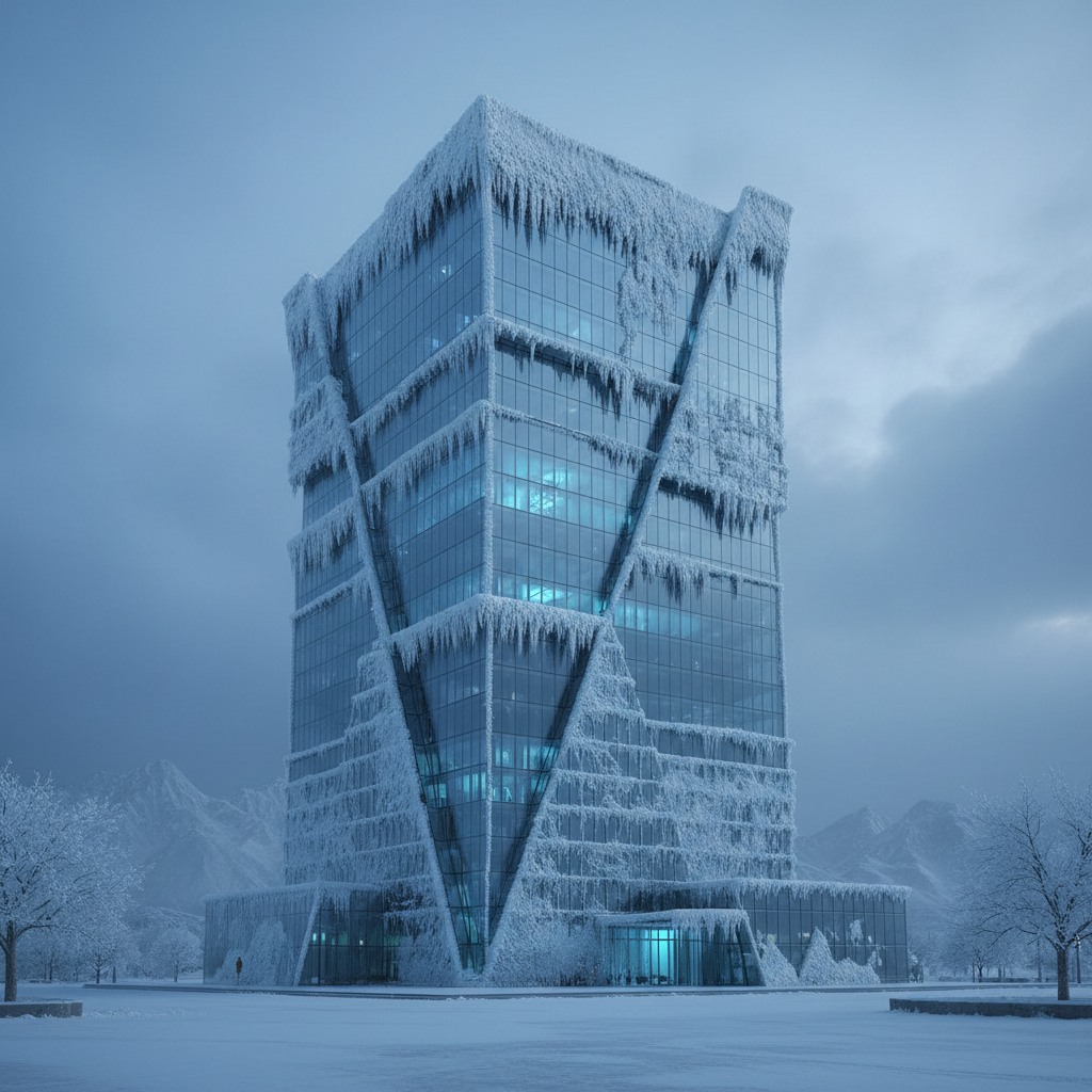 A modern glass building covered in frost and ice, symbolizing frozen diplomatic relations, cool blue color palette