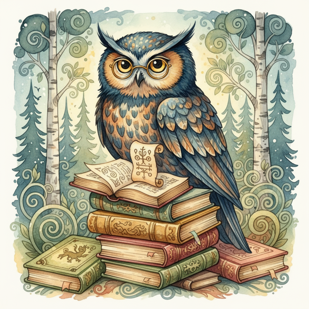 A wise owl wearing glasses sitting on a pile of old books, Russian fairy tale illustration style, watercolor texture