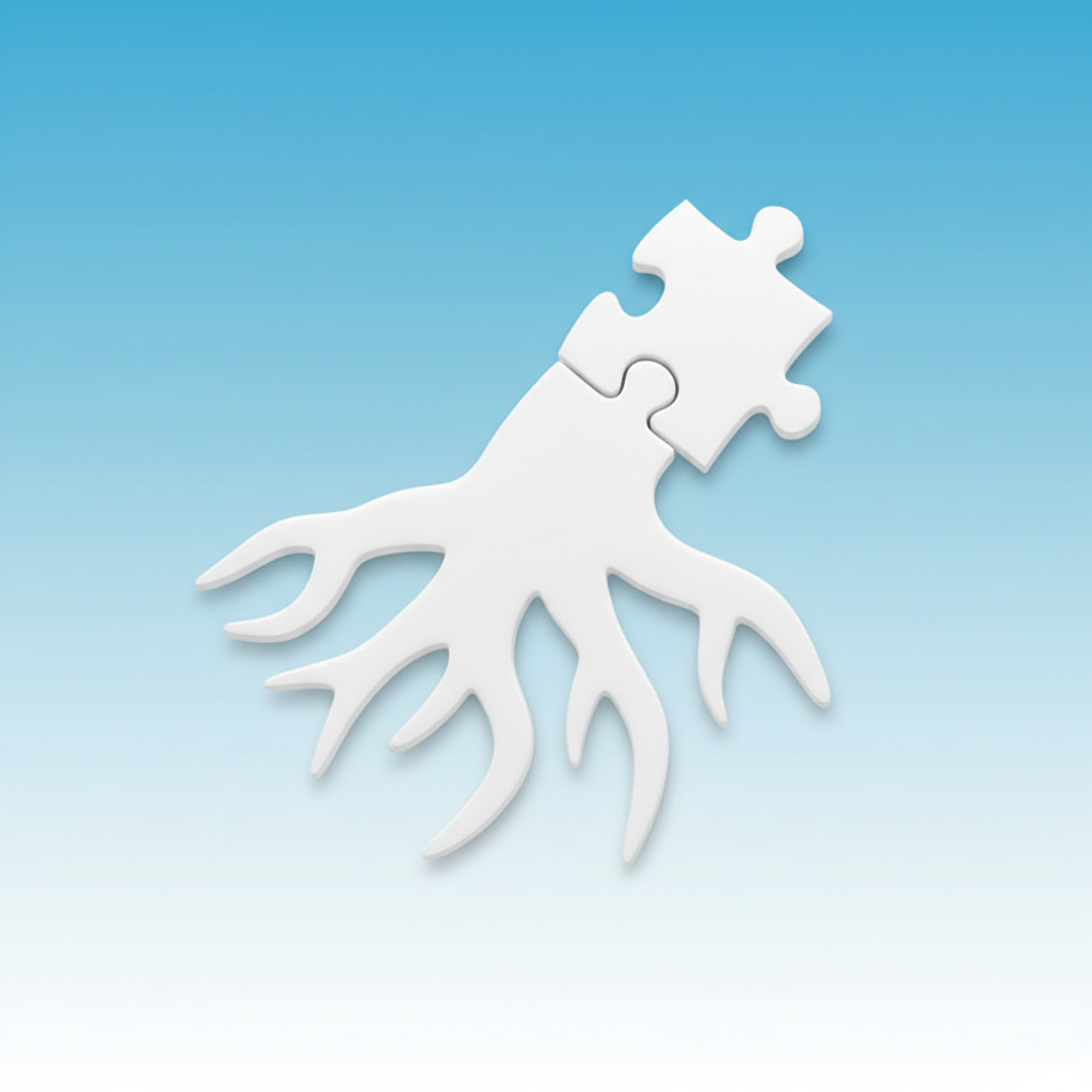 Puzzle pieces fitting together, one large piece representing the root and a smaller piece connecting to it representing the suffix, clean style