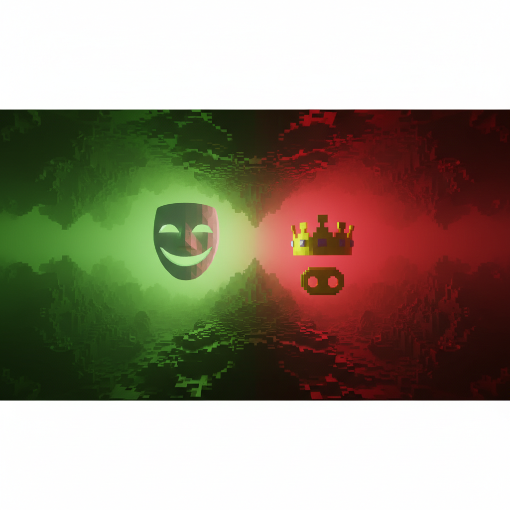 A split composition for a background. The left side features a vibrant lime green atmosphere with a stylized white smile mask symbol. The right side features a royal red atmosphere with a golden crown and a pig snout motif. The background texture resembles blocky voxel obsidian and bedrock. Cinematic lighting, 8k resolution, 3d render style.