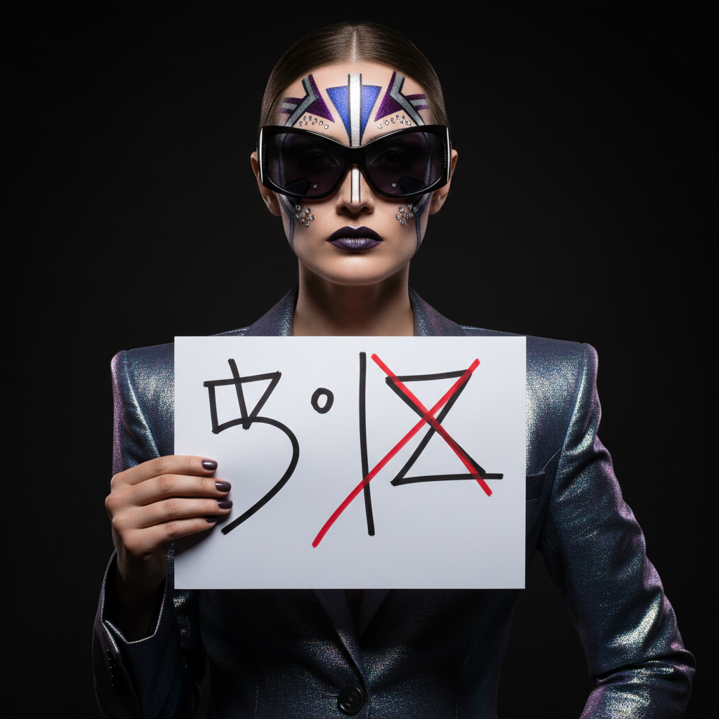 Stern looking fashion judge with oversized glasses holding a scorecard, avant-garde makeup, dark studio background