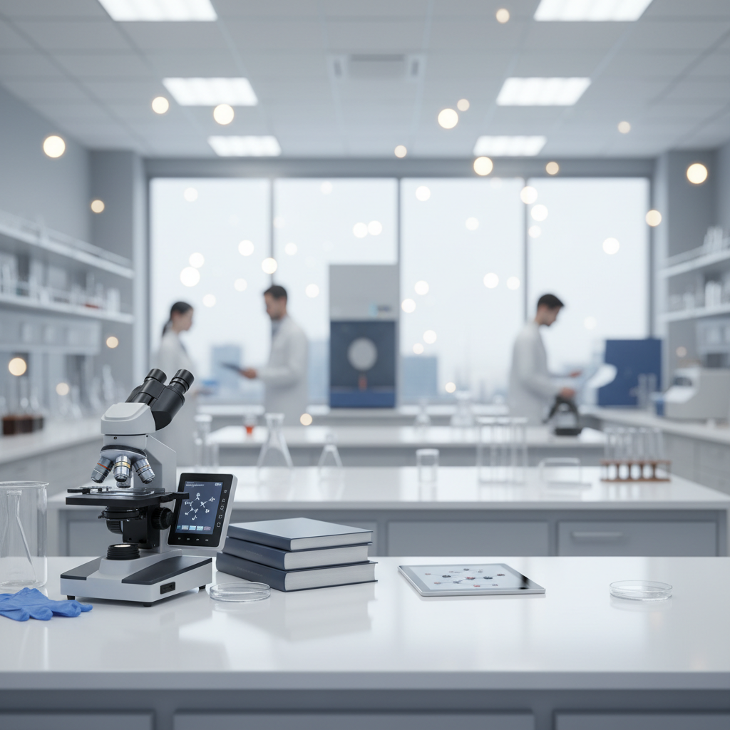 blurry university science laboratory background, clean white counters, microscope, bokeh effect, professional academic setting