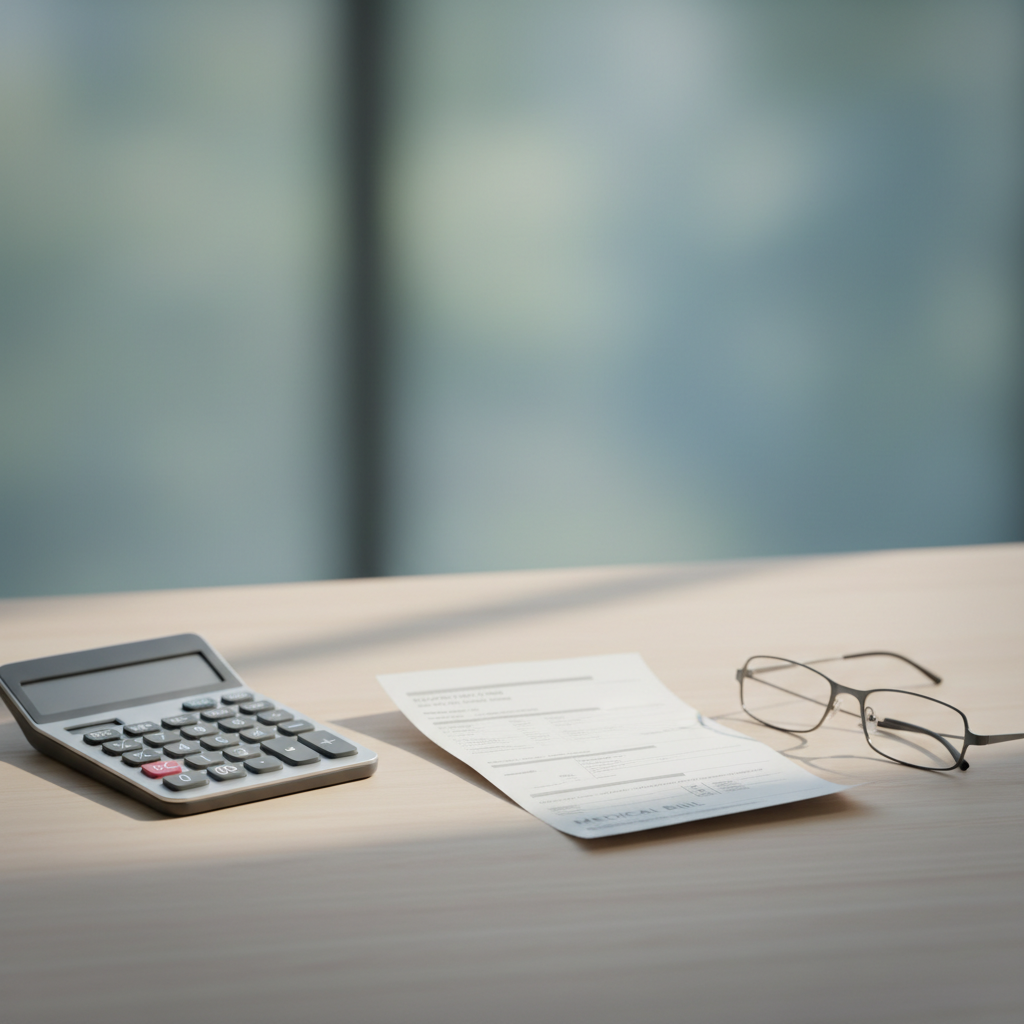 minimalist illustration of a medical bill sitting on a desk with a calculator and glasses, soft lighting, photorealistic style, concept of healthcare finance