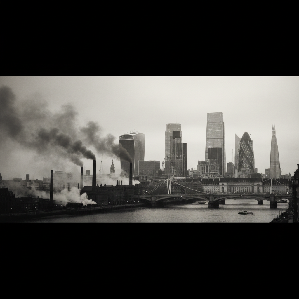 Black and white photo of London industrial revolution smog fog, mixed with modern London skyline double exposure