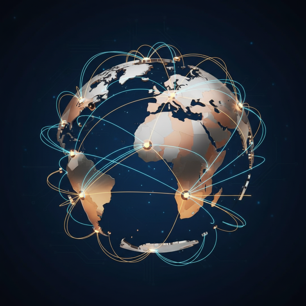 Abstract 3D illustration of a globe with glowing lines connecting mining hubs, metallic texture, dark blue background, corporate style.